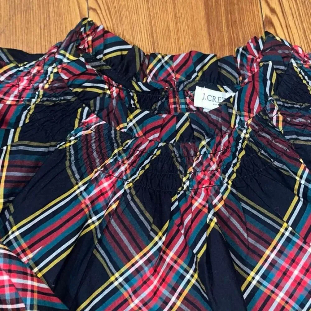 J. Crew Women's Black Multicolored Plaid Tartan Ruffle Blouse Sz PL NWT